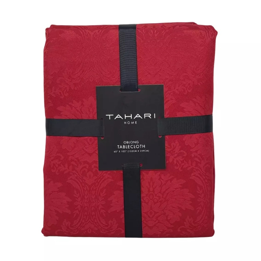 TAHARI 60" x 102" Red Holiday Scallop Edge Designer Floral Jacquard Tablecloth